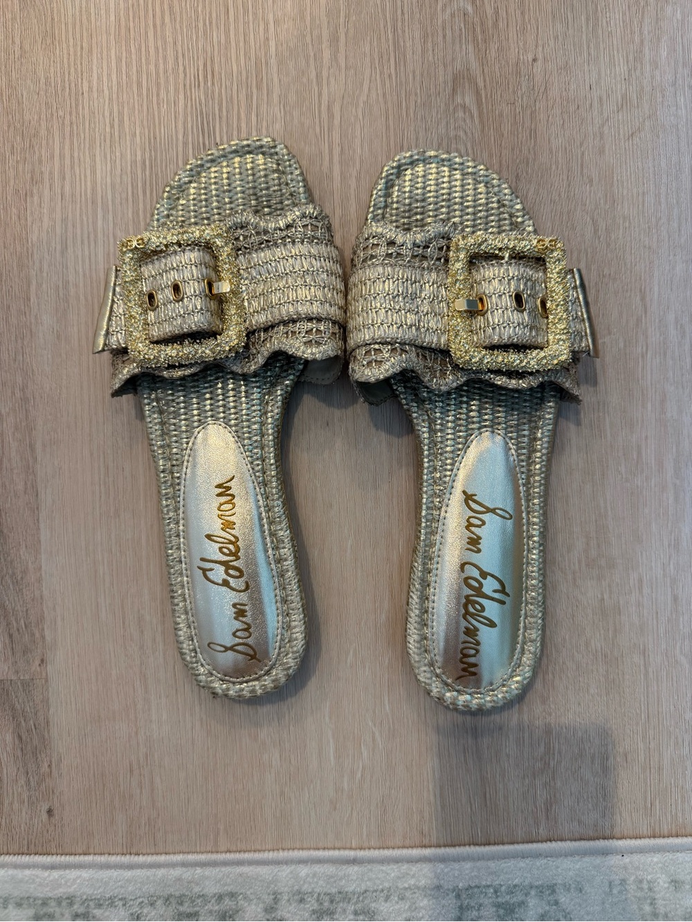 Sam Edelman Metallic Gold Raffia Slide Sandals with Buckle